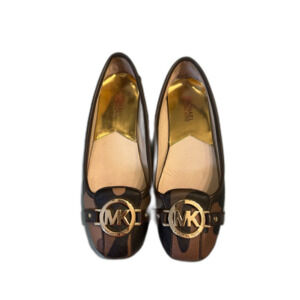 Michael Kors Camo Ballet Flats MK Logo Gold Hardware Brown Tan Size 7.5